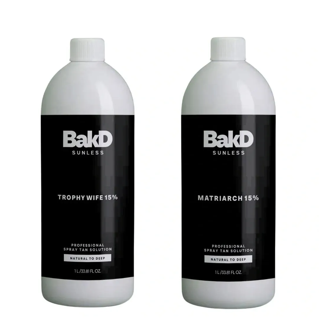 BakD Sunless Trophy Wife and Matriarch one-liter bottles side by side