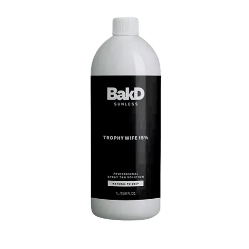 A one-liter bottle of BakD Sunless Trophy Wife spray tan solution